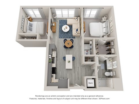 Floor plan for 2 beds, 1 bath, 866 sqft